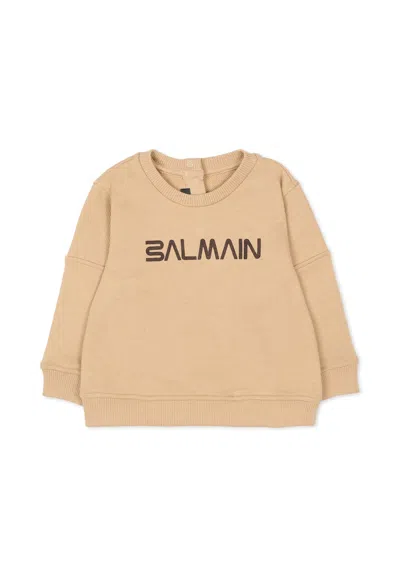 Balmain Beige Sweatshirt For Babykids With Logo In Brown
