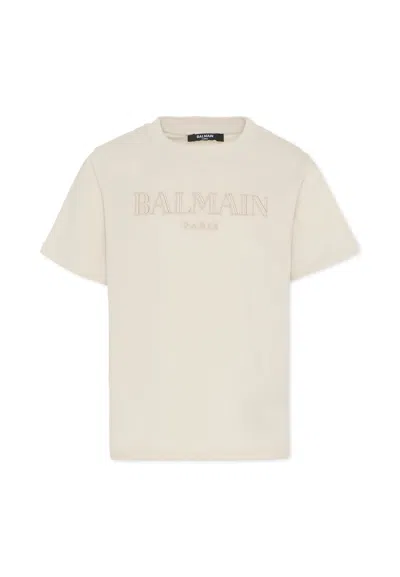 Balmain Beige T-shirt With Logo For Kids In Neutral
