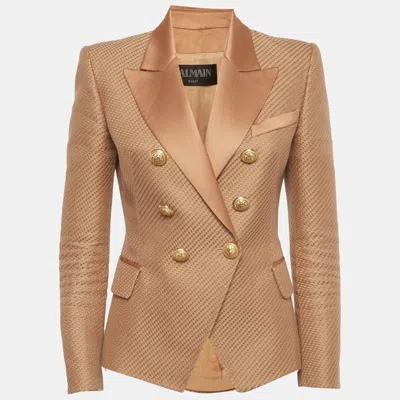 Pre-owned Balmain Beige Textured Cotton & Silk Double Breasted Blazer M In Sand