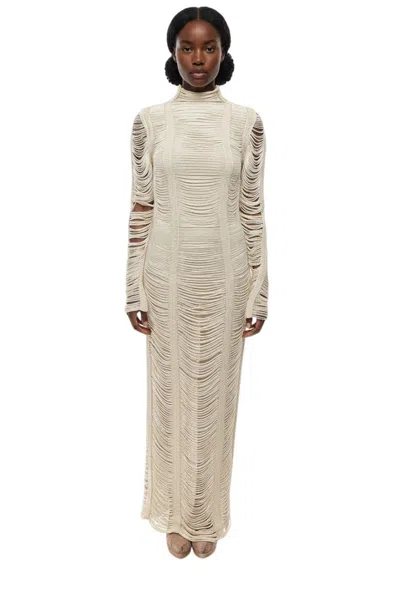 Balmain Beige Textured Mock Collar Maxi Dress In Neutral
