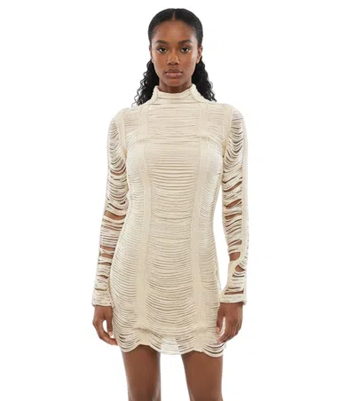 Balmain Beige Textured Mock Collar Mini Dress In Red