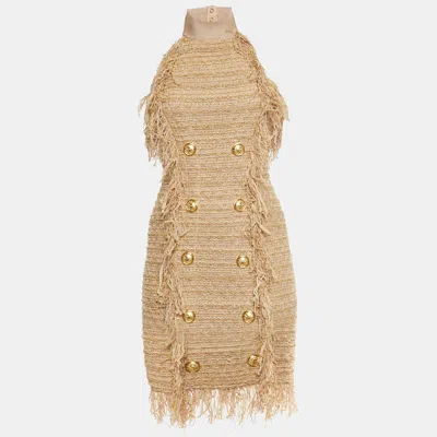Pre-owned Balmain Beige Tweed Fringed Bodycon Halter Neck Mini Dress S In Sand