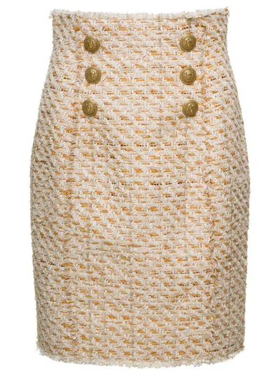 BALMAIN BEIGE TWEED SKIRT WITH FRONT GOLDEN BUTTONS IN COTTON BLEND WOMAN