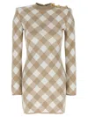 Balmain Checked Pattern Dress Gold-tone Buttons In Beige