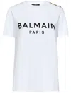 Balmain White Crewneck T-shirt With Logo Print And Golden Buttons In Jersey Woman In White