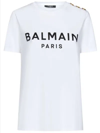BALMAIN BEIGE WHITE LOGO PRINT T-SHIRT