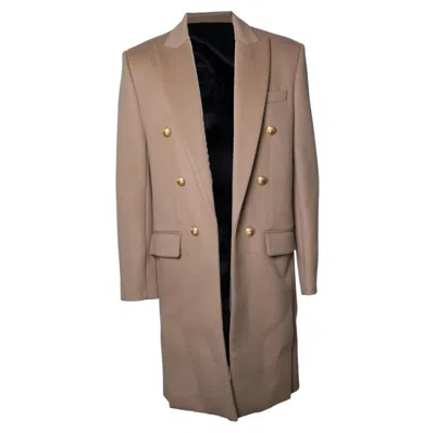 Pre-owned Balmain , Beige Wool Overcoat With Gold Buttons In Brown