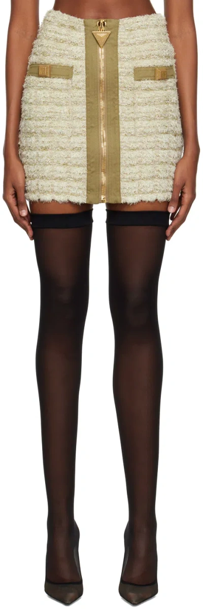 Balmain Button Embellished Front Zip Tweed Mini Skirt In Beige