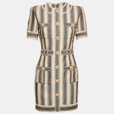 Pre-owned Balmain Beige/black Frayed Sequin Striped Piqué Mini Dress S