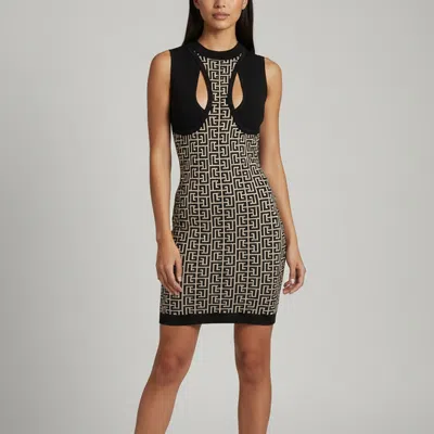 Pre-owned Balmain Beige/black Monogram Jacquard Knit Cutout Mini Dress S