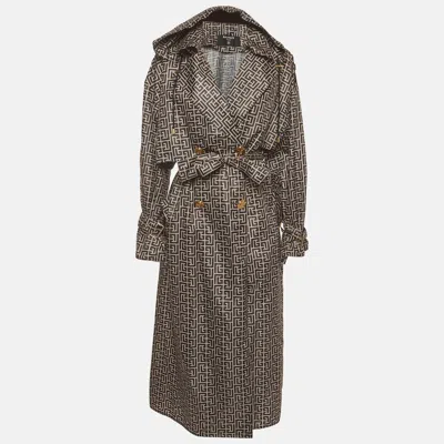 Pre-owned Balmain Beige/black Monogram Print Synthetic Hooded Trench Coat Xs