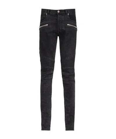 Balmain Slim Cut Ripped Cotton Jeans In Black
