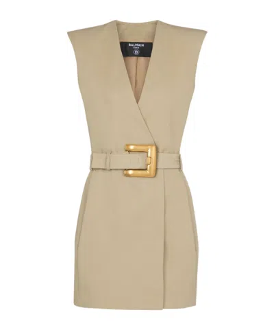 Balmain Wrap Cotton Gabardine Dress Belt Detail In Neutral