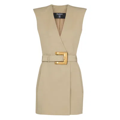 Balmain Wrap Cotton Gabardine Dress Belt Detail In Neutral
