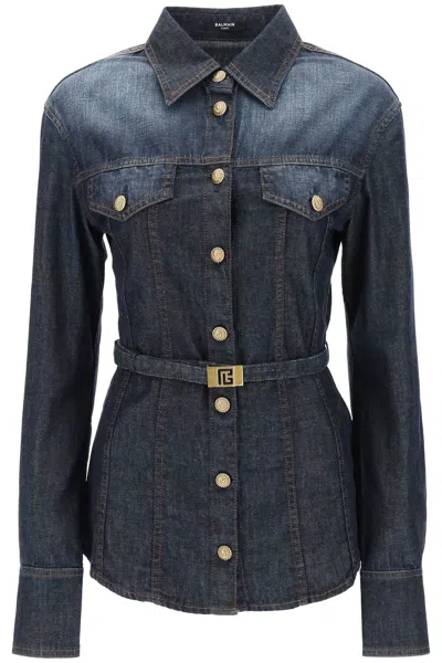Balmain Belted Denim Shirt In Blue