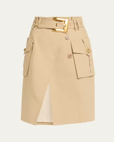 Balmain Belted Wrap-effect Button-embellished Cotton-gabardine Skirt In Brown