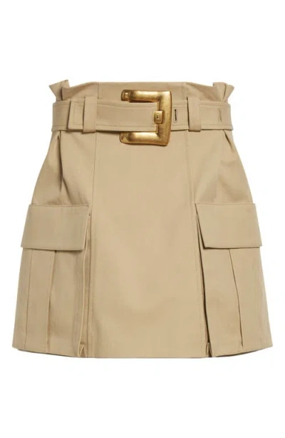 Balmain Belted Cotton Gabardine Miniskirt In Neutral