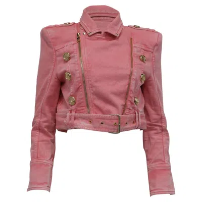 Pre-owned Balmain Belted Cropped Denim Jacket In Pink Cotton