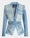 Balmain 1-button Belted Denim Jacket In Blue