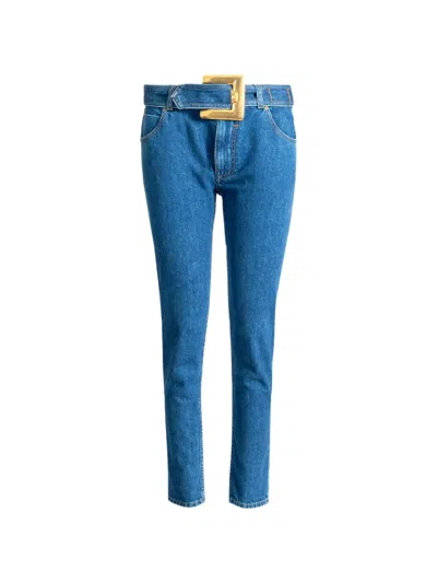 Balmain Belted Denim Jeans In Blue