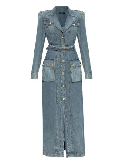 Balmain Belted Denim Maxi Dress