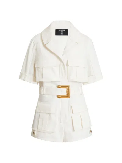 Balmain Belted Denim Playsuit In White