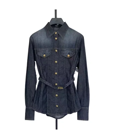 Balmain Belted Denim Shirt In Black