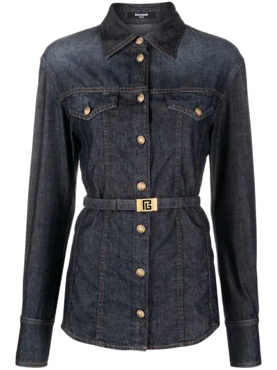Balmain Belted Denim Shirt In Blue