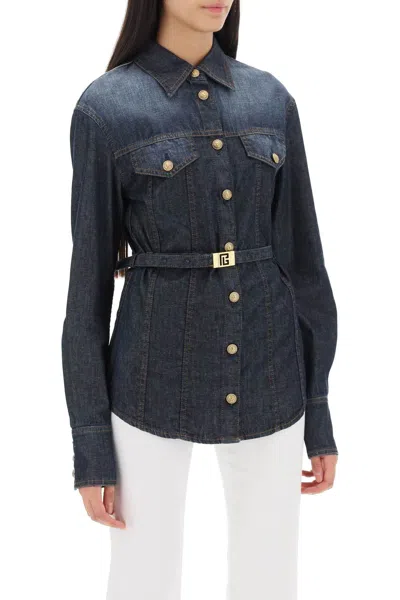 Balmain Belted Denim Shirt In Blue