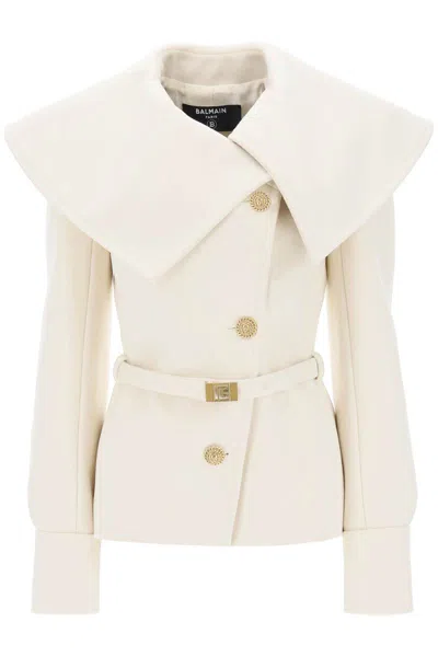 Balmain Belted Double-breasted Peacoat In Bianco