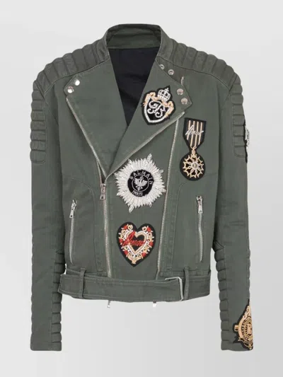 Balmain Belted Embroidered Patch Quilted Blazer