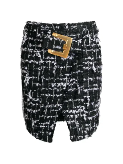 Balmain Belted Fringed Tweed Skirt In Black