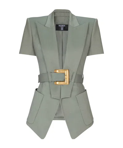 Balmain Belted Gabardine Anthem Jacket In Green