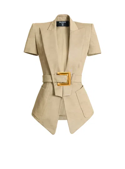 Balmain Belted Gabardine Anthem Jacket In Neutral