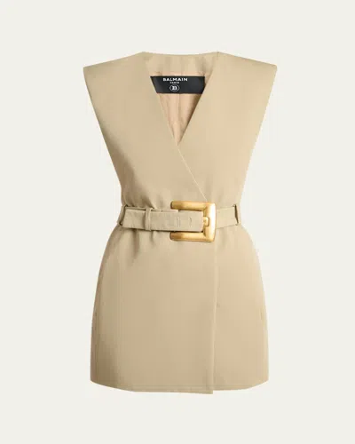 Balmain Wrap Cotton Gabardine Dress Belt Detail In Neutral