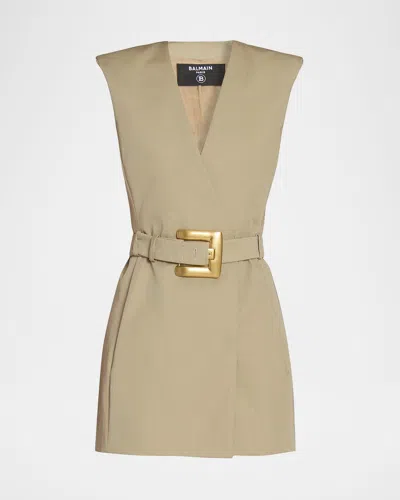 Balmain Wrap Cotton Gabardine Dress Belt Detail In Neutral