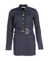 Balmain Belted Jacquard Dress With Gold-tone Button In Navy Blue Polyester In Blue