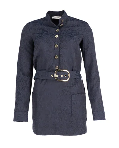 Balmain Belted Jacquard Dress With Gold-tone Button In Navy Blue Polyester
