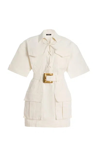 Balmain Belted Lace-up Cotton-canvas Mini Dress