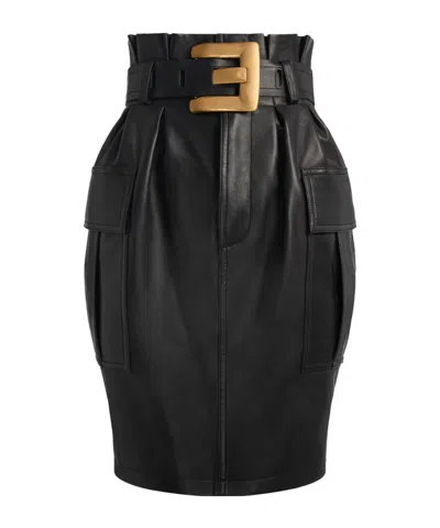 Balmain Lambskin Belted Midi Skirt In Black