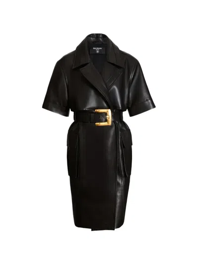 Balmain Belted Lambskin-leather Dress In Black