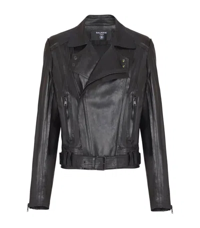 Balmain Belted Leather Biker Jacket In Black