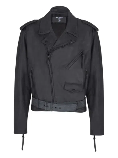 Balmain Belted Leather Biker Jacket In Black