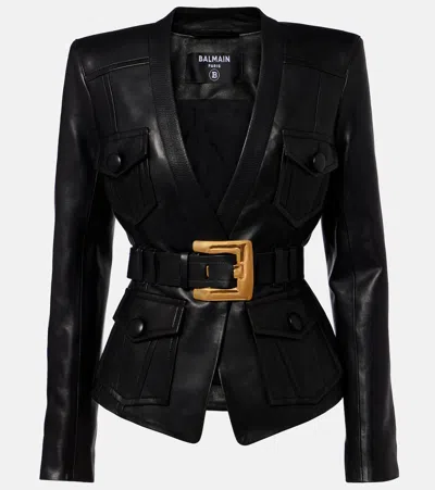 Balmain Belted 4 Pokets Fitted Lambskin Jacket Clothing In Black
