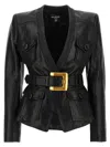 Balmain Belted Leather Jacket In Black
