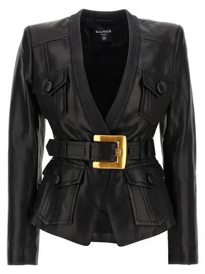 Balmain Belted Leather Jacket In Black