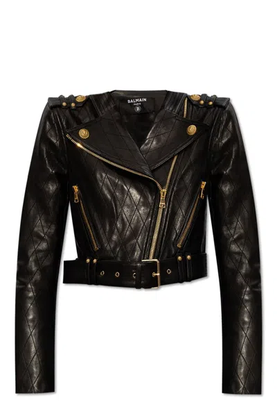 Balmain Belted Leather Jacket In Black