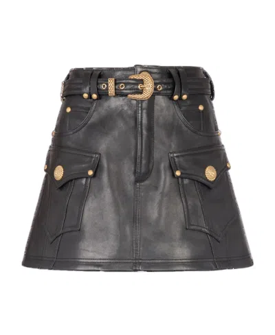 Balmain Western Leather A-line Skirt In Black