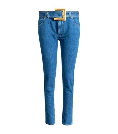 Balmain Belted Mid-rise Slim Jeans In Blue