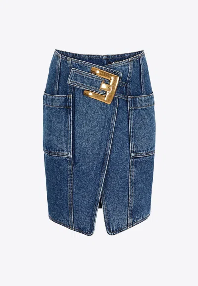 Balmain Belted Mini Denim Skirt In Blue